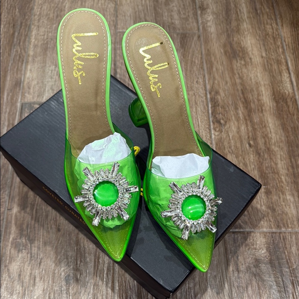 Lulu's Green Embellished Heels with Kitten Heel